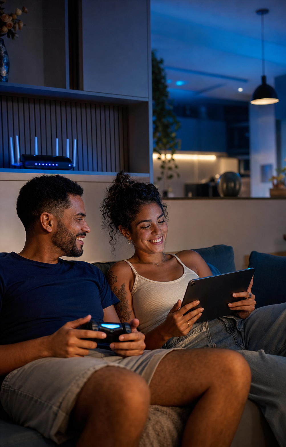 Casal aproveitando jogos e streaming com internet Lazernet